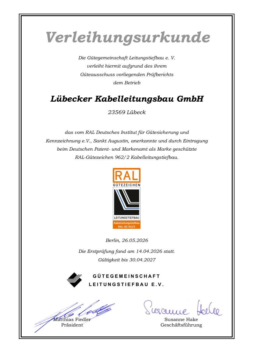 Zertifikat Tiefbau Lübecker Kabelleitungsbau
